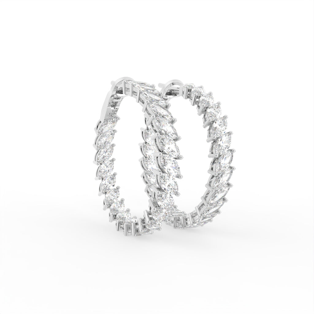 vimg:FJ6125|vimg:FJ6583|18K White Gold Marquise Diamond Hoop Earrings — 3D VIEW