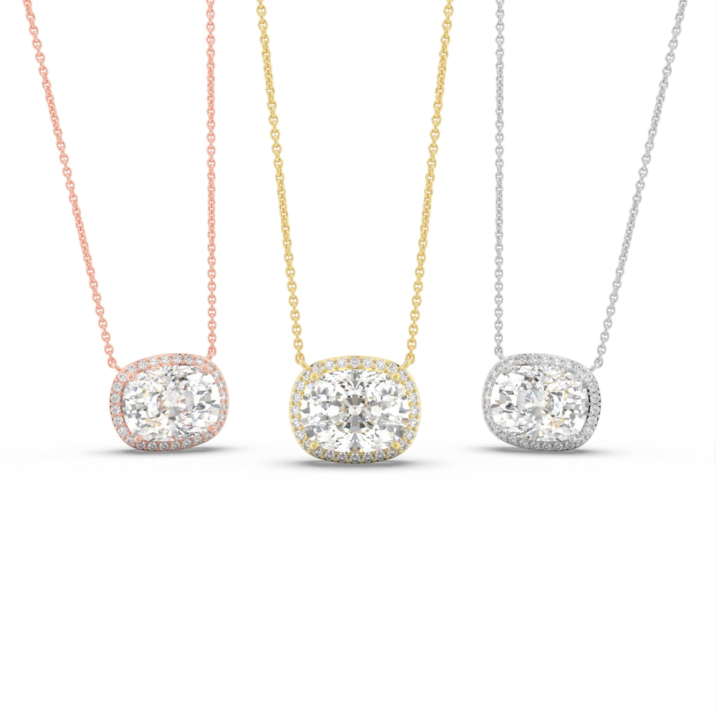 18K Yellow Gold Halo Cushion Emerald Diamond Pendant — 3 COLOR