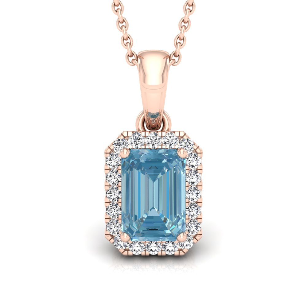 18K White Gold Halo Emerald Blue Diamond Pendant — FRONT