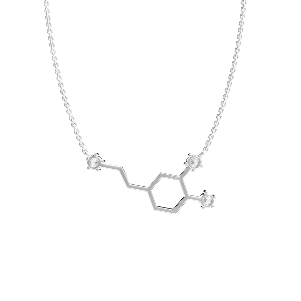 14K White Gold Serotonin Molecule Round Diamond Pendant — BACK