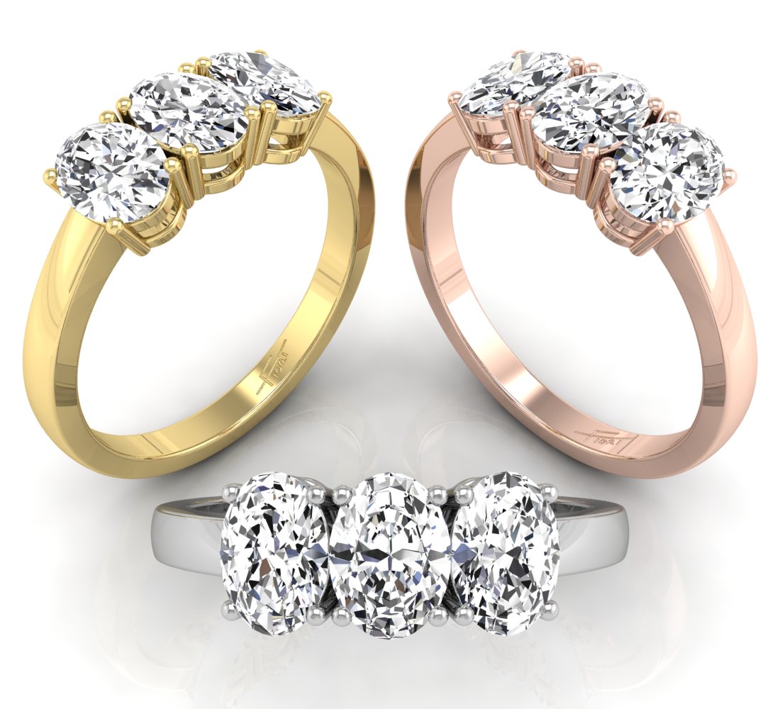 18K White Gold Trilogy Oval Diamond Ring — 3 COLOR