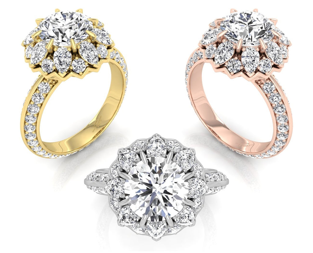 18K White Gold Floral Round Diamond Ring — 3 COLOR