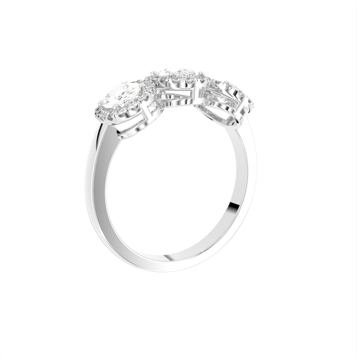 18K Trilogy Halo Oval Diamond Ring — 3D VIEW