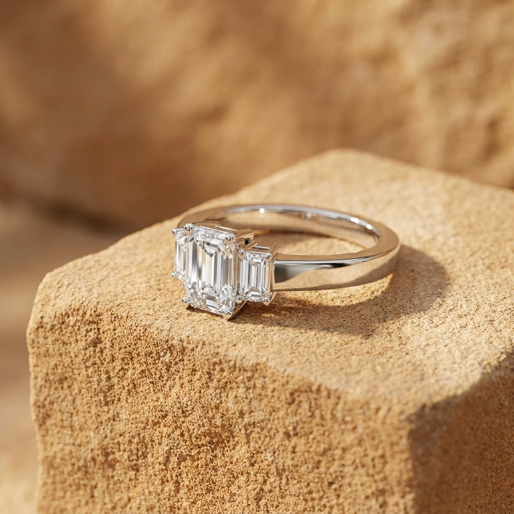 18K White Gold Trilogy Emerald Diamond Ring