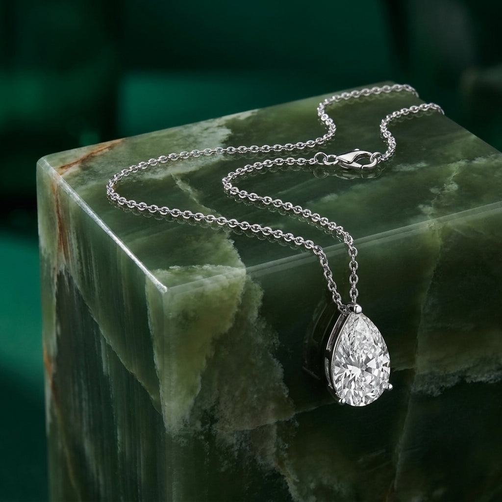 18K White Gold Solitaire Pear Diamond Pendant