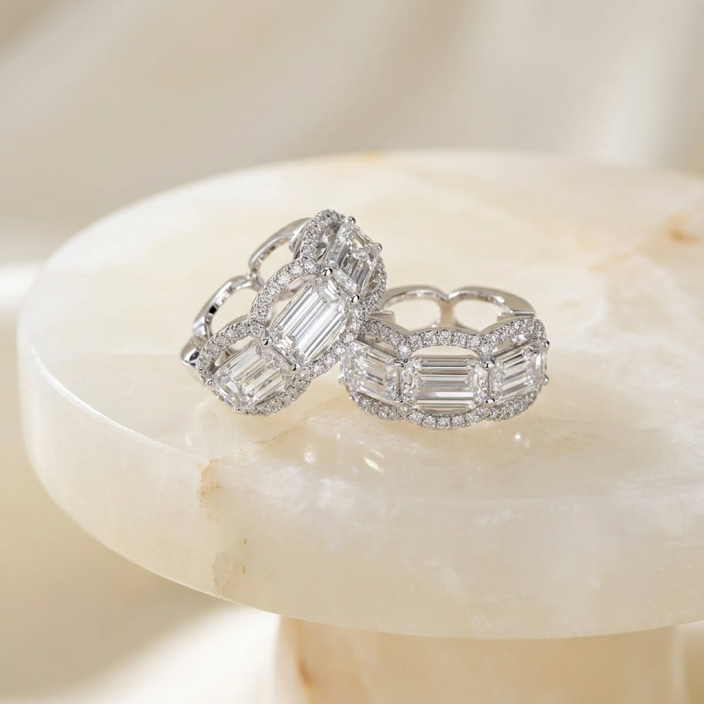 14K White Gold Pave Diamond Hoop Earrings