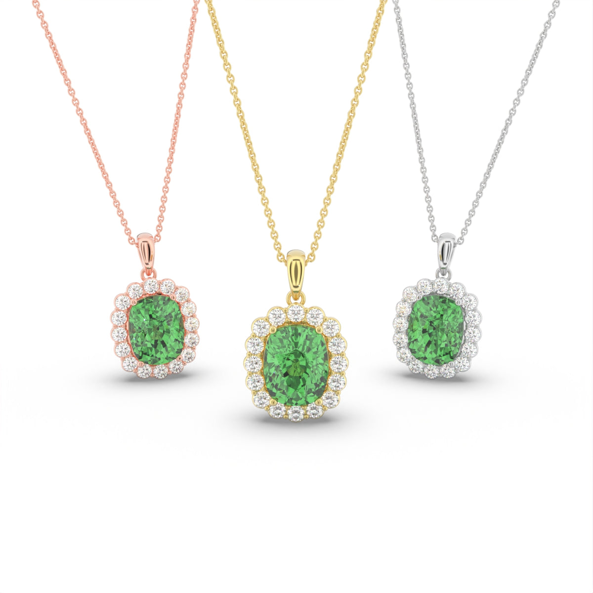 18K Halo Solitaire Emerald Diamond Pendant — 3 COLOR