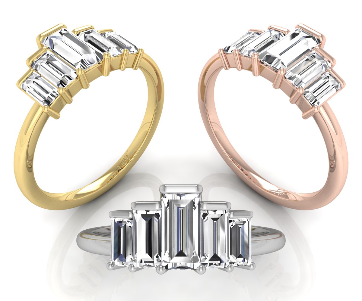 18K White Gold Baguette Cluster Diamond Ring — 3 COLOR
