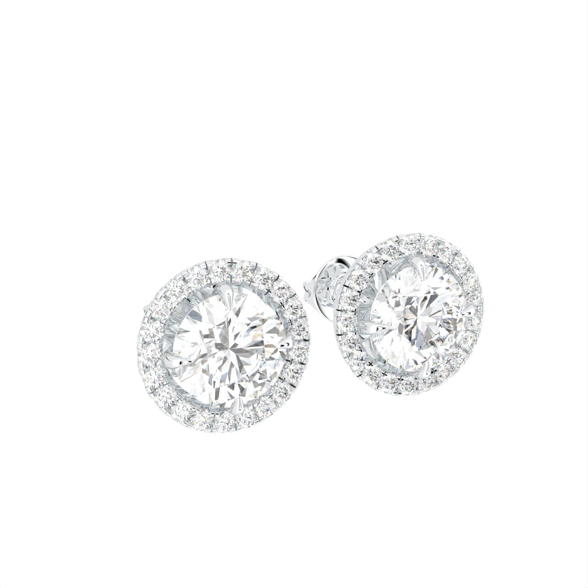 18K Halo Solitaire Diamond Stud Earrings — 3D VIEW