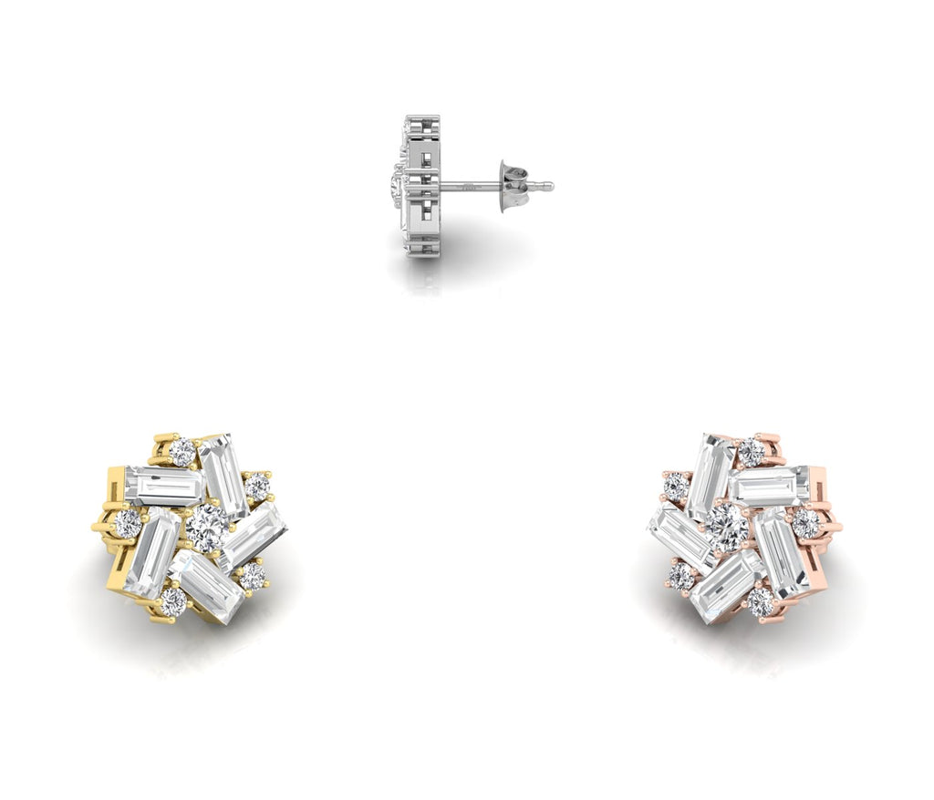 14K White Gold Floral Baguette Diamond Earrings — 3 COLOR