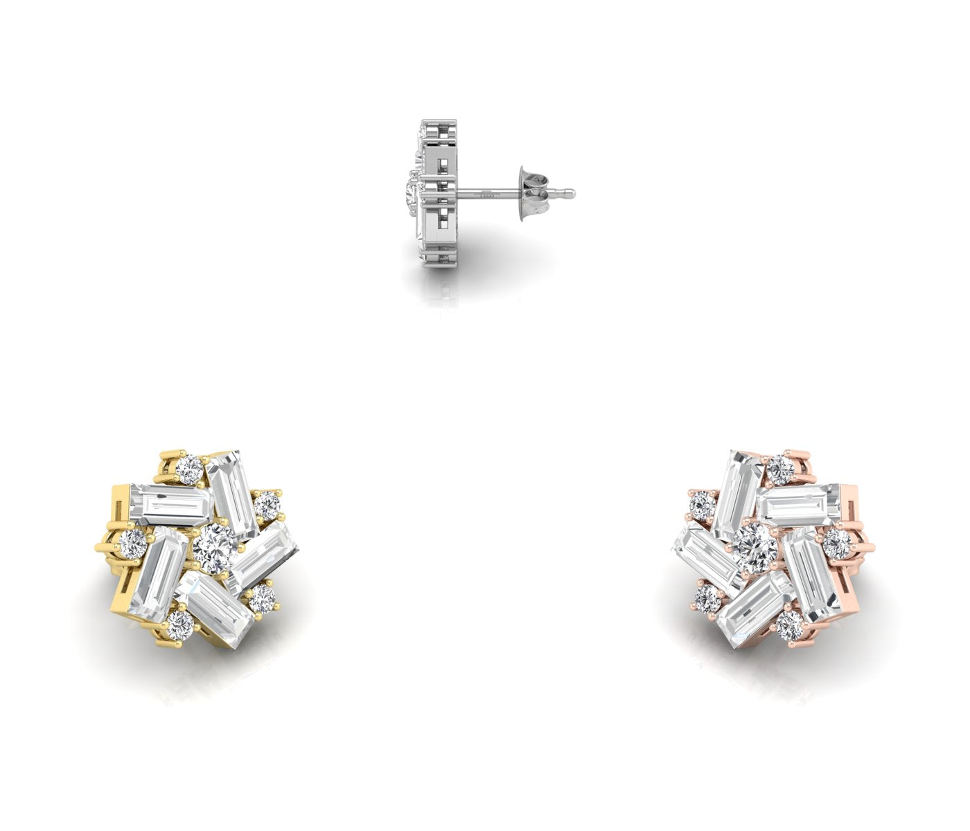 14K White Gold Floral Baguette Diamond Earrings — 3 COLOR