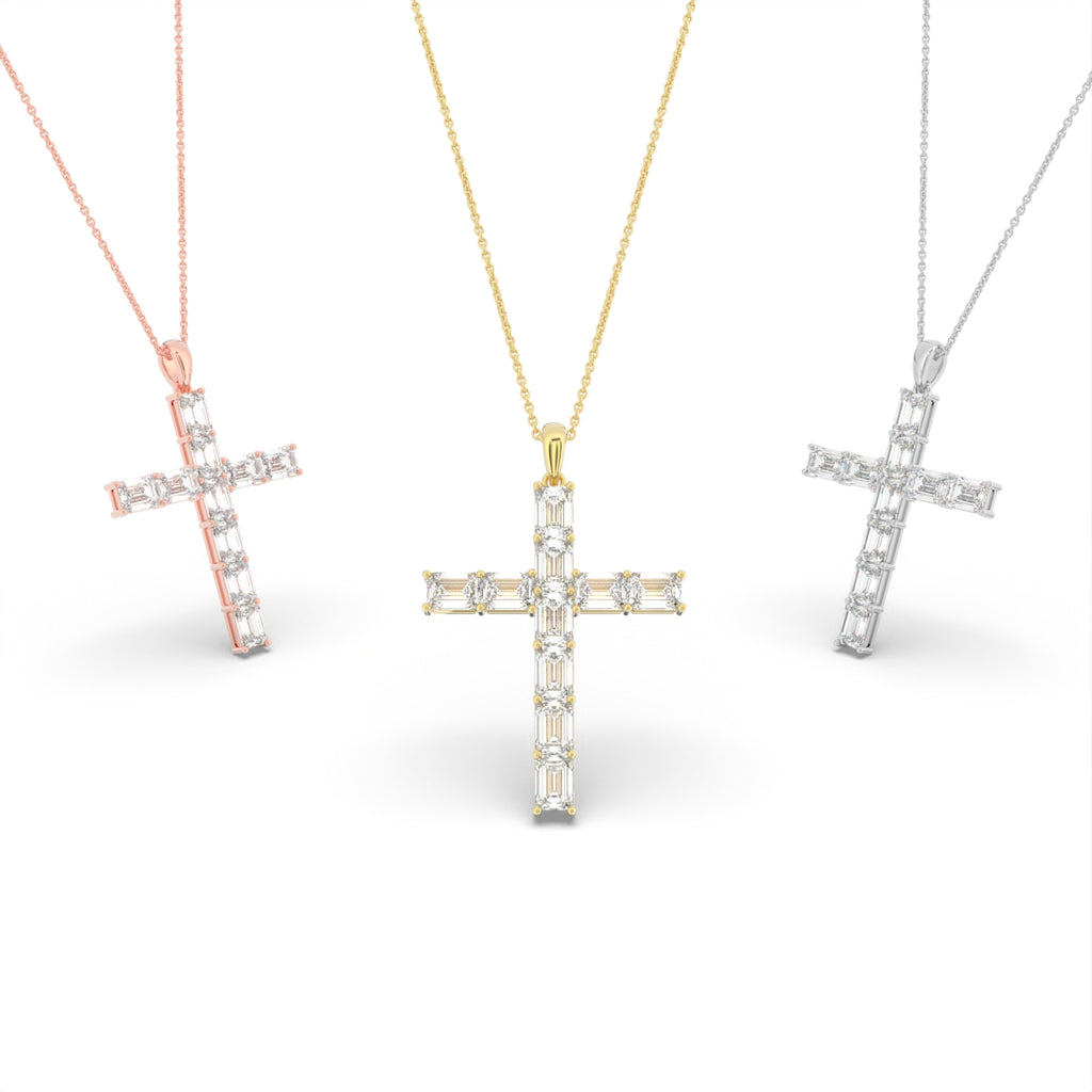 14K White Gold Cross Emerald Diamond Pendant — 3 COLOR