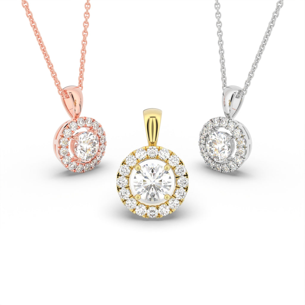 18K Halo Round Diamond Pendant — 3 COLOR
