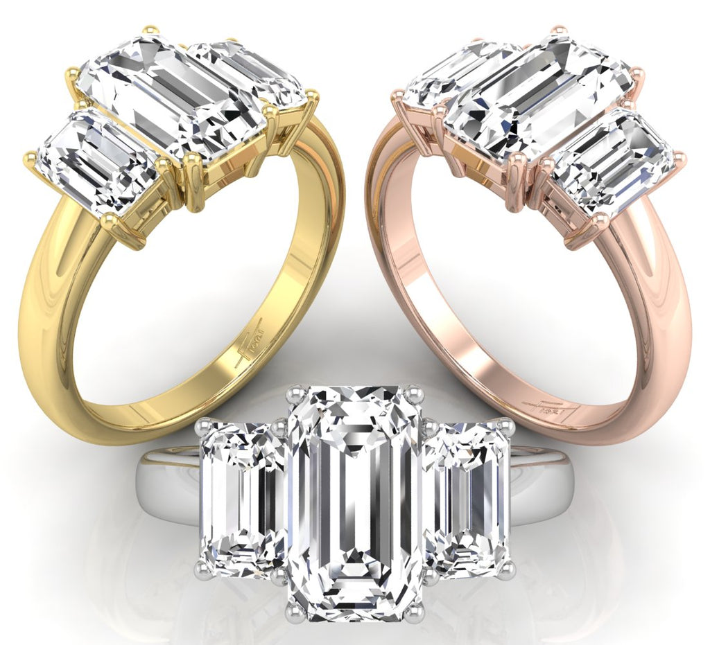 18K Trilogy Emerald Cut Diamond Ring — 3 COLOR