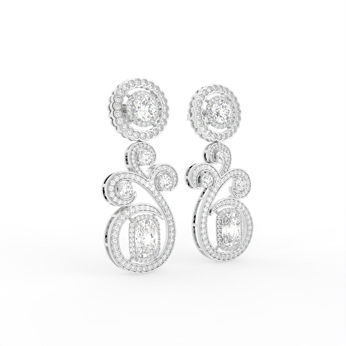 18K Emerald Round Bespoke Diamond Earrings — 3D VIEW