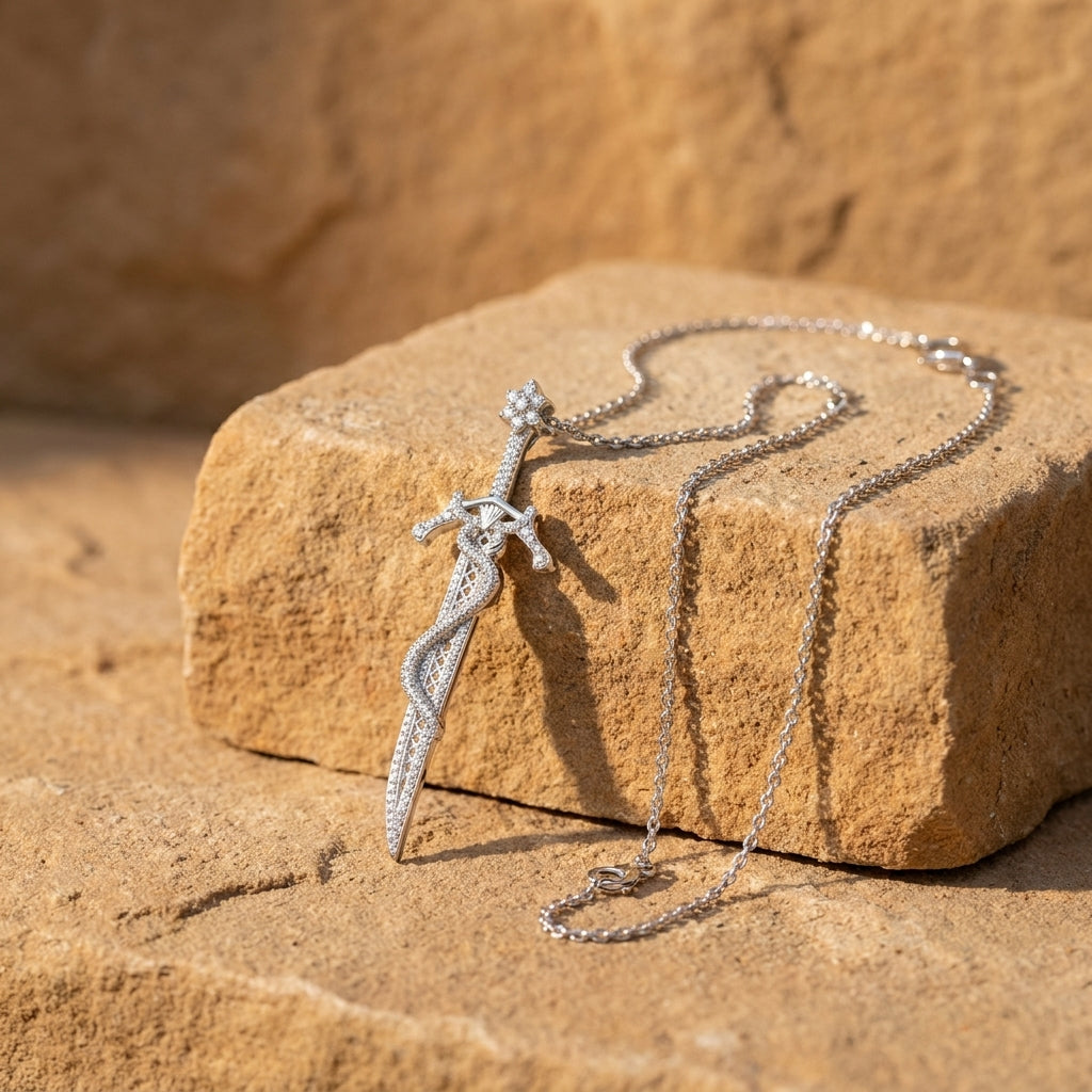 18K Yellow Gold Sword Snake Round Diamond Pendant