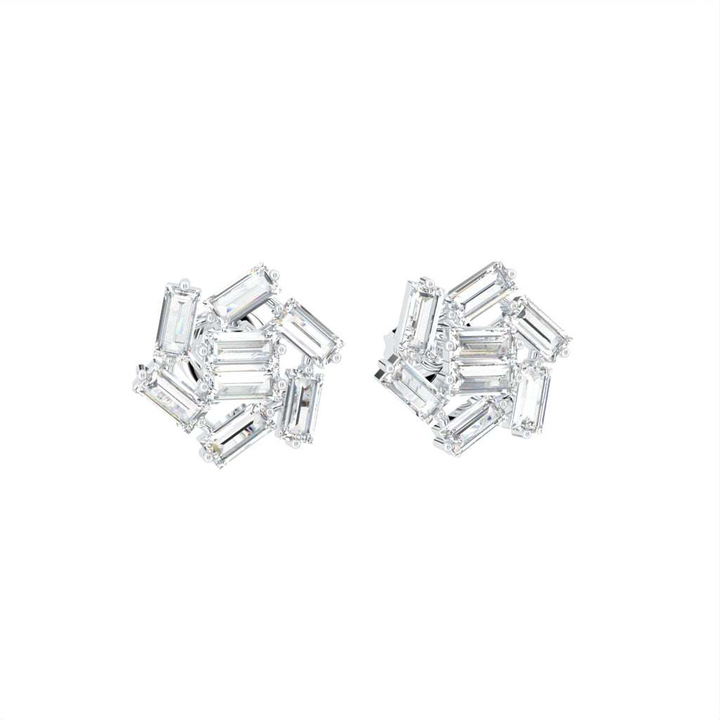 18K Baguette Diamond Cluster Stud Earrings — 3D VIEW