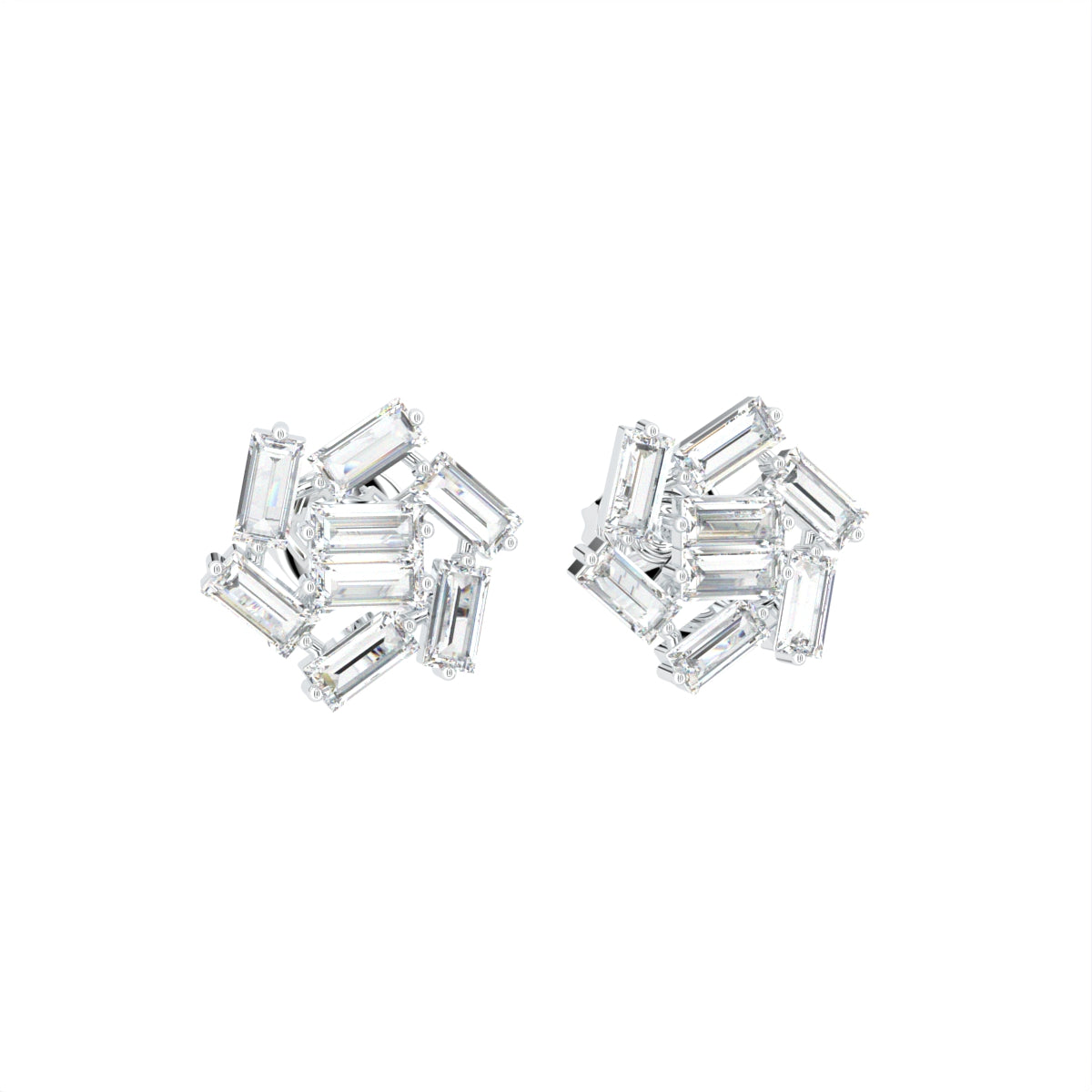 18K Baguette Diamond Cluster Stud Earrings — 3D VIEW
