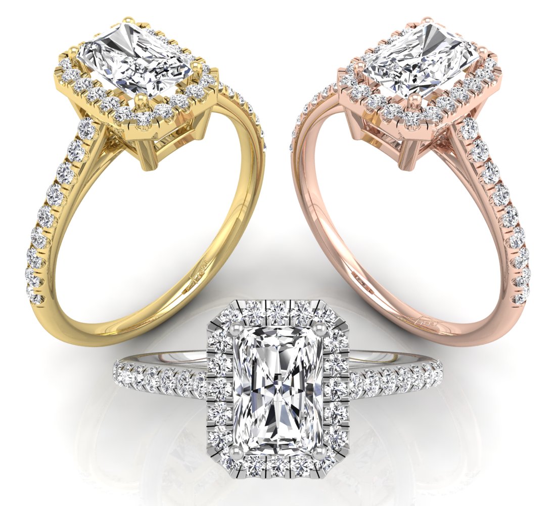 18K Halo Emerald-Cut Diamond Ring — 3 COLOR