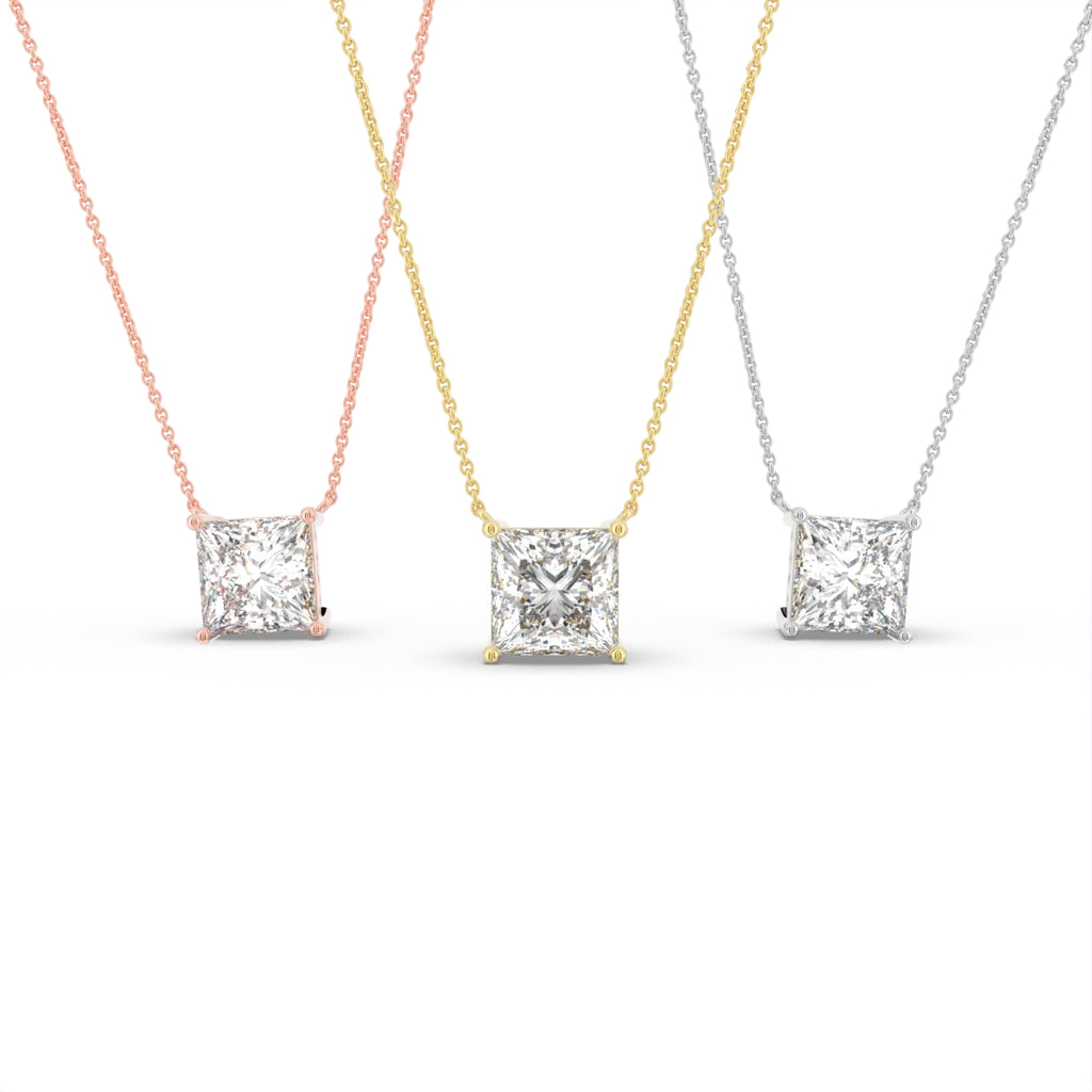18K White Gold Princess Solitaire Diamond Pendant — 3 COLOR