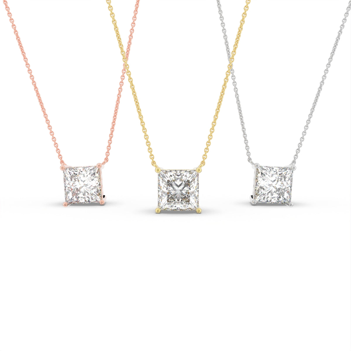 18K White Gold Princess Solitaire Diamond Pendant — 3 COLOR