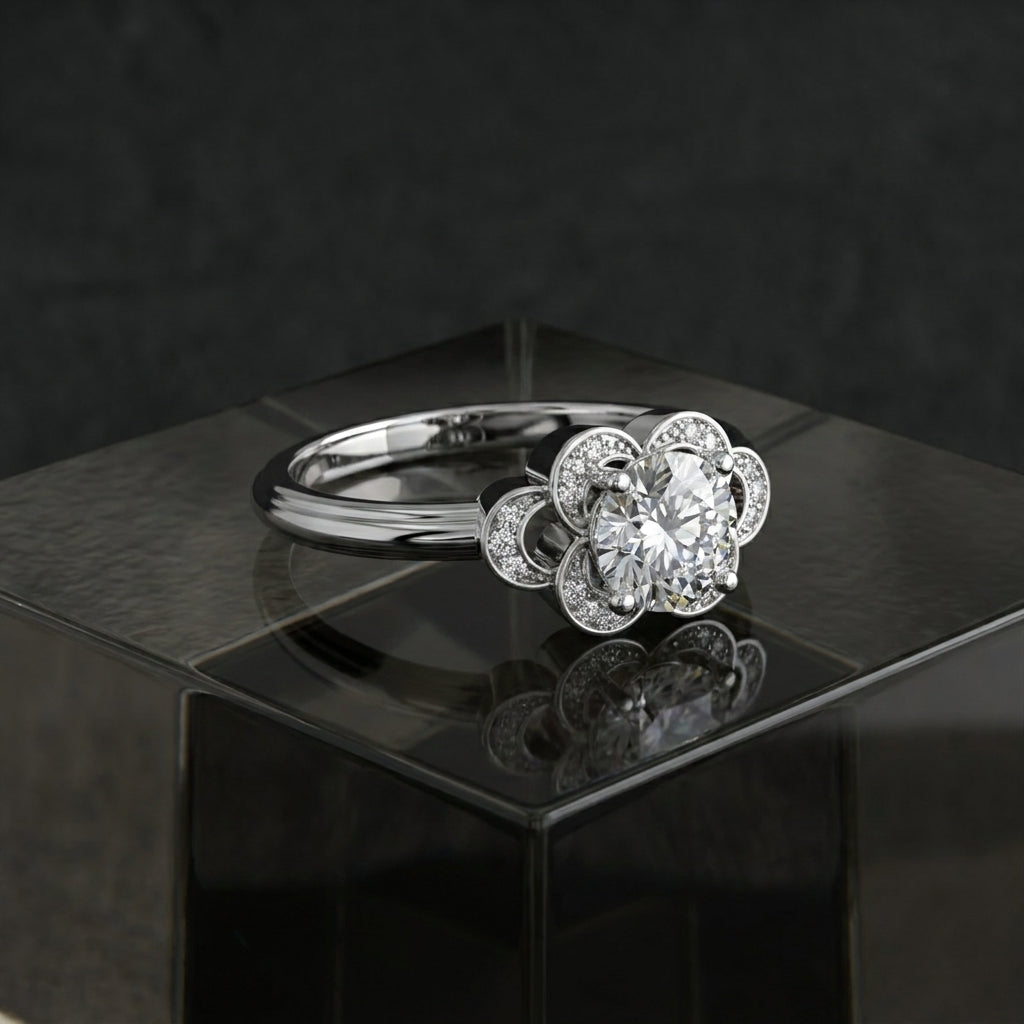 18K White Gold Floral Round Diamond Ring