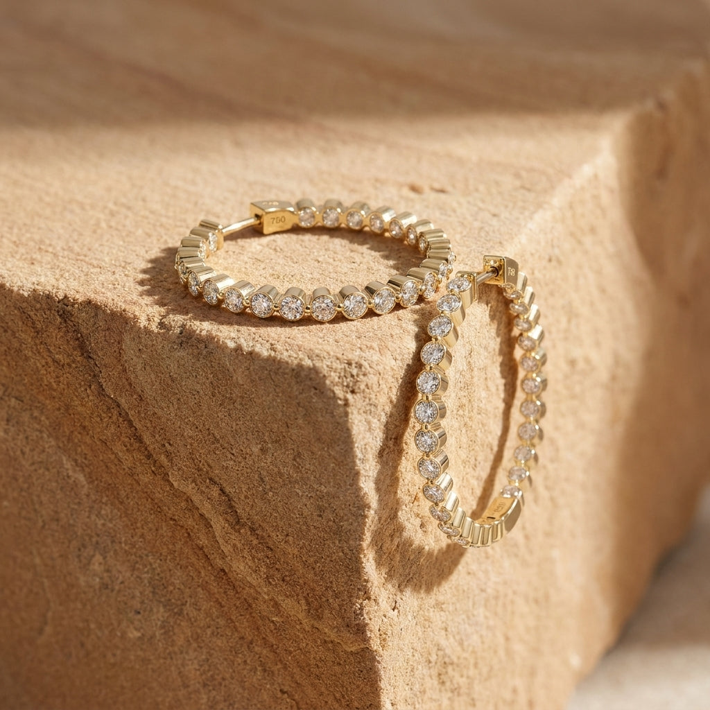 14K Yellow Gold Round Diamond Hoop Earrings