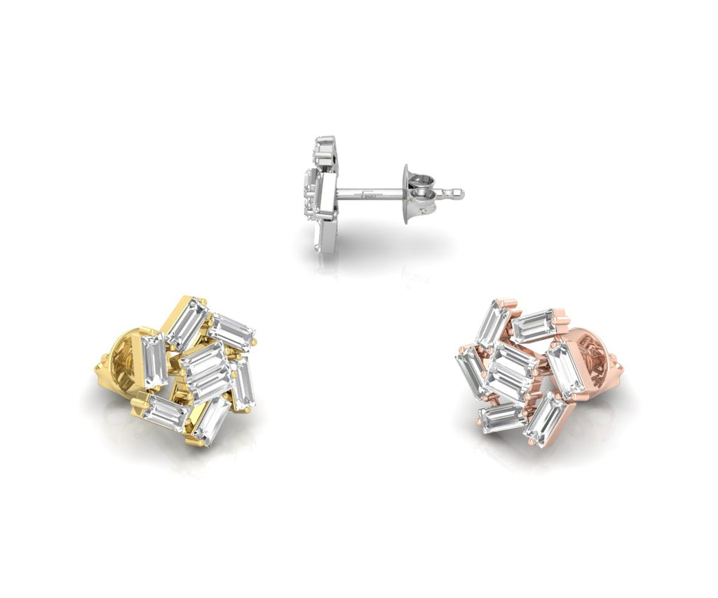 18K Baguette Diamond Cluster Stud Earrings — 3 COLOR