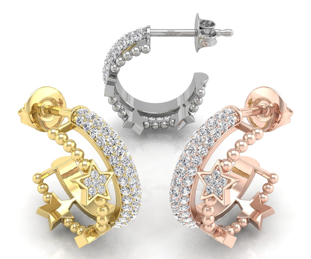 18K Crescent Moon and Stars Diamond Earrings — 3 COLOR