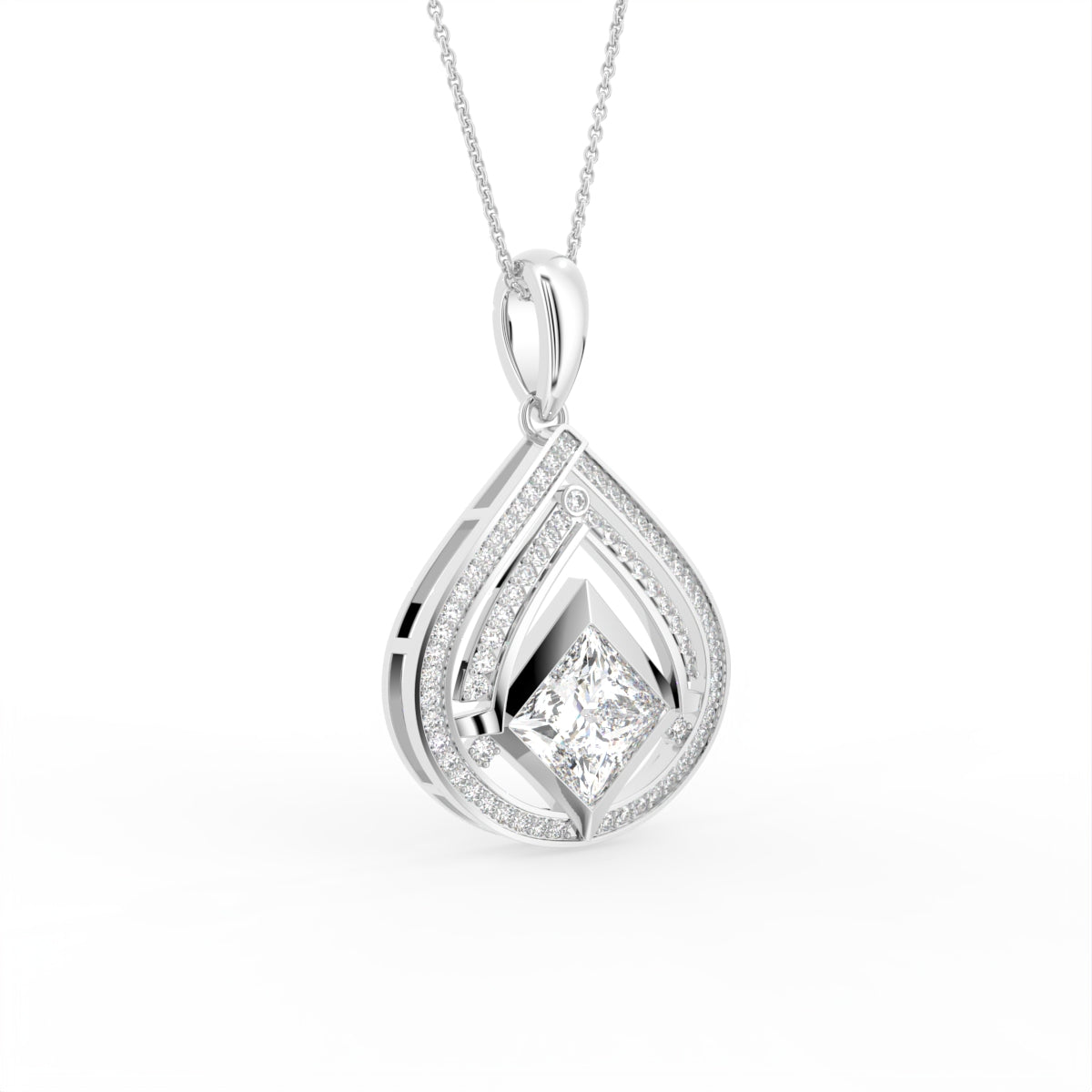 18K Bespoke Princess Diamond Pendant — 3D VIEW