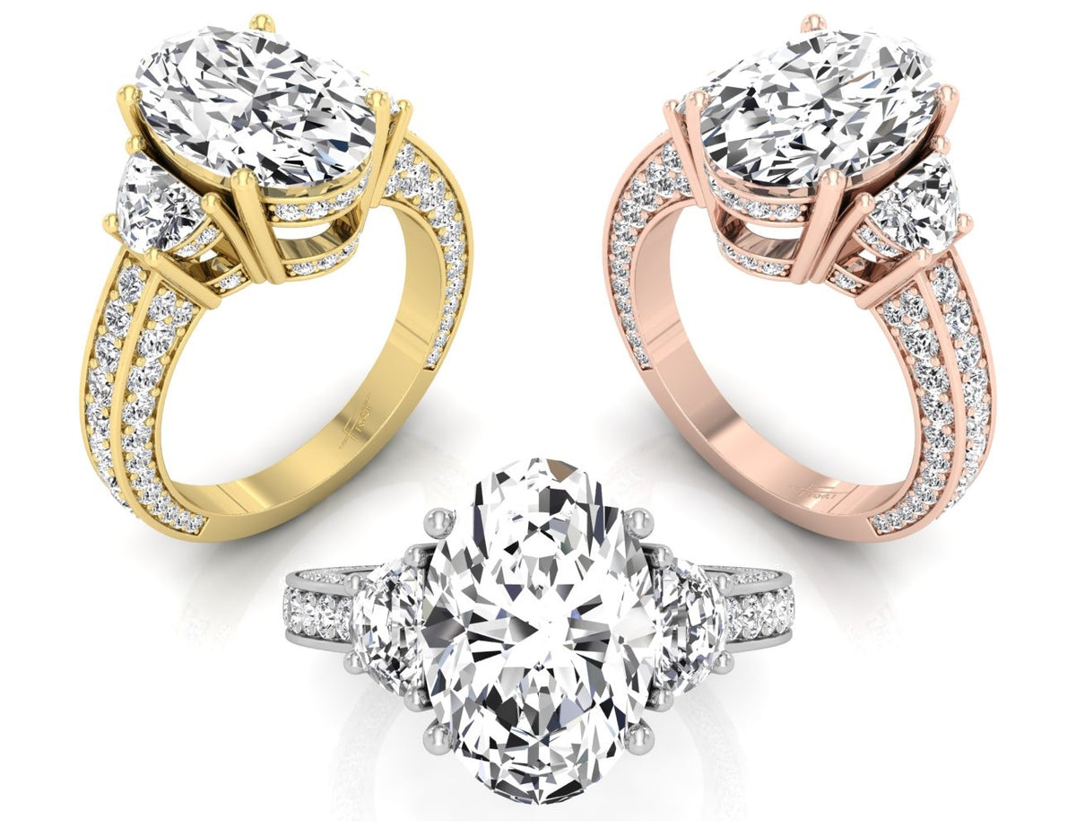 18K Shoulder Set Oval Diamond Ring — 3 COLOR