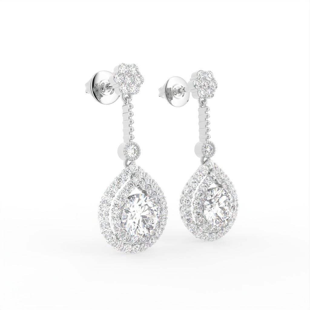 18K Drop Pear Halo Diamond Earrings — 3D VIEW