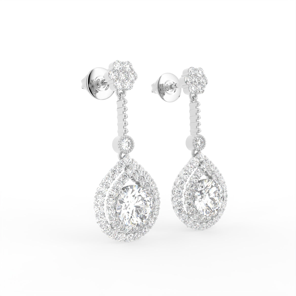 18K Drop Pear Halo Diamond Earrings — 3D VIEW