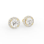 18K Floral Halo Solitaire Diamond Stud Earrings — 3D VIEW