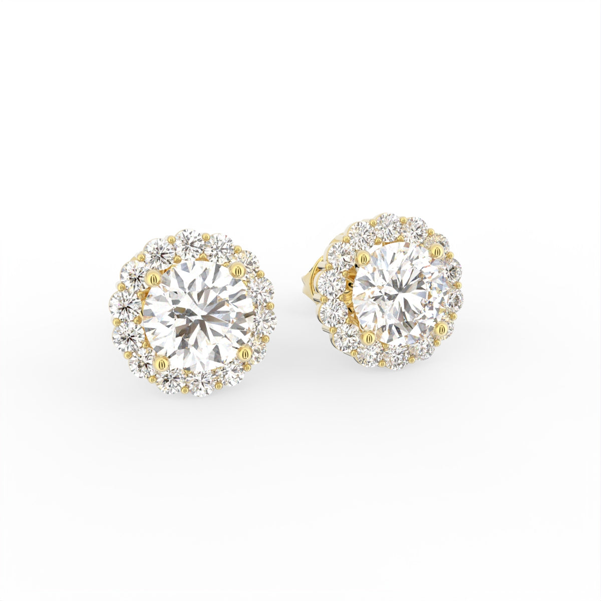 18K Floral Halo Solitaire Diamond Stud Earrings — 3D VIEW
