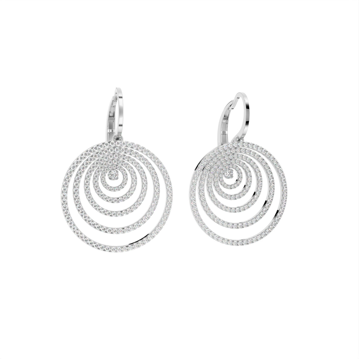 18K White Gold Round Diamond Spiral Drop Earrings — 3D VIEW