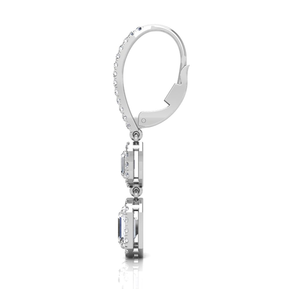 18K White Gold Emerald Cut Halo Diamond Drop Earrings — SIDE VIEW