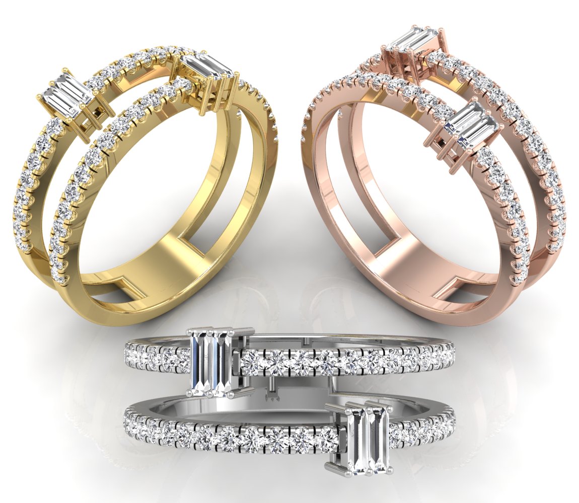 18K Baguette Pave Diamond Ring — 3 COLOR