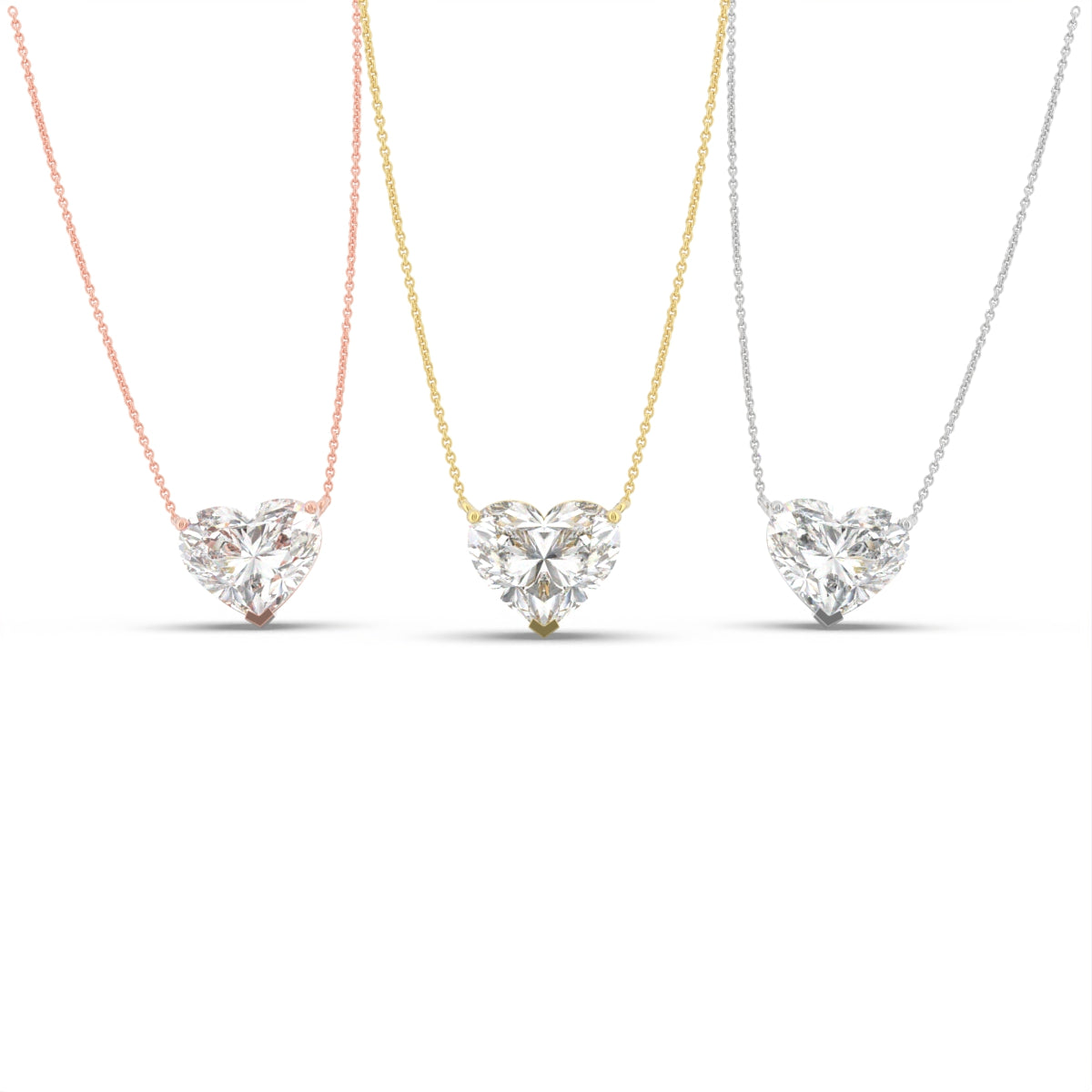 18K White Gold Heart Solitaire Diamond Pendant — 3 COLOR