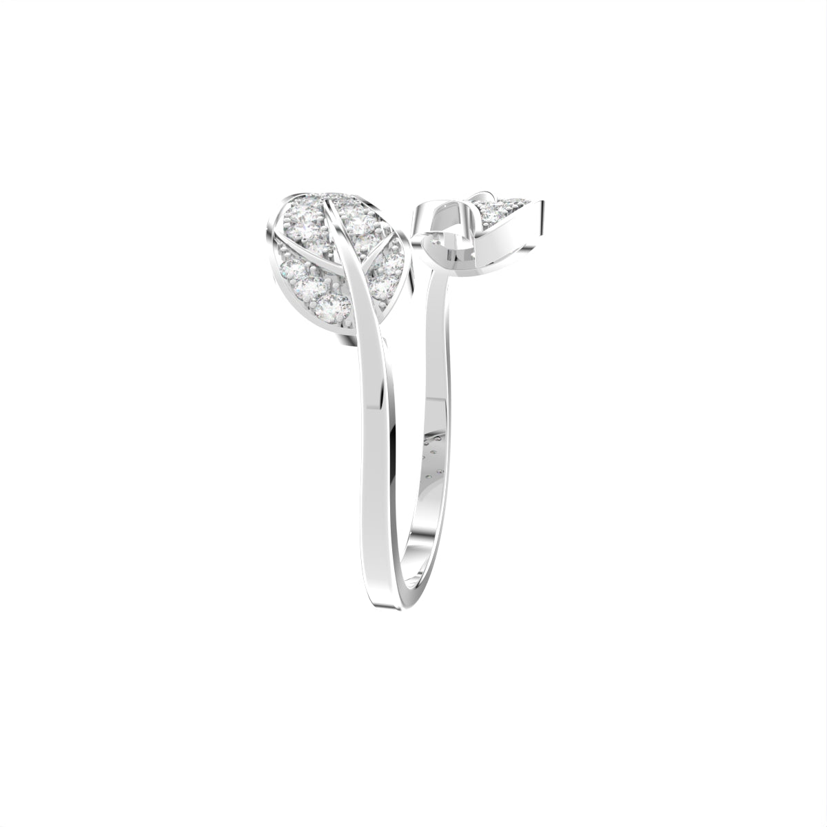 18K White Gold Leaf Round Diamond Ring — 3D VIEW