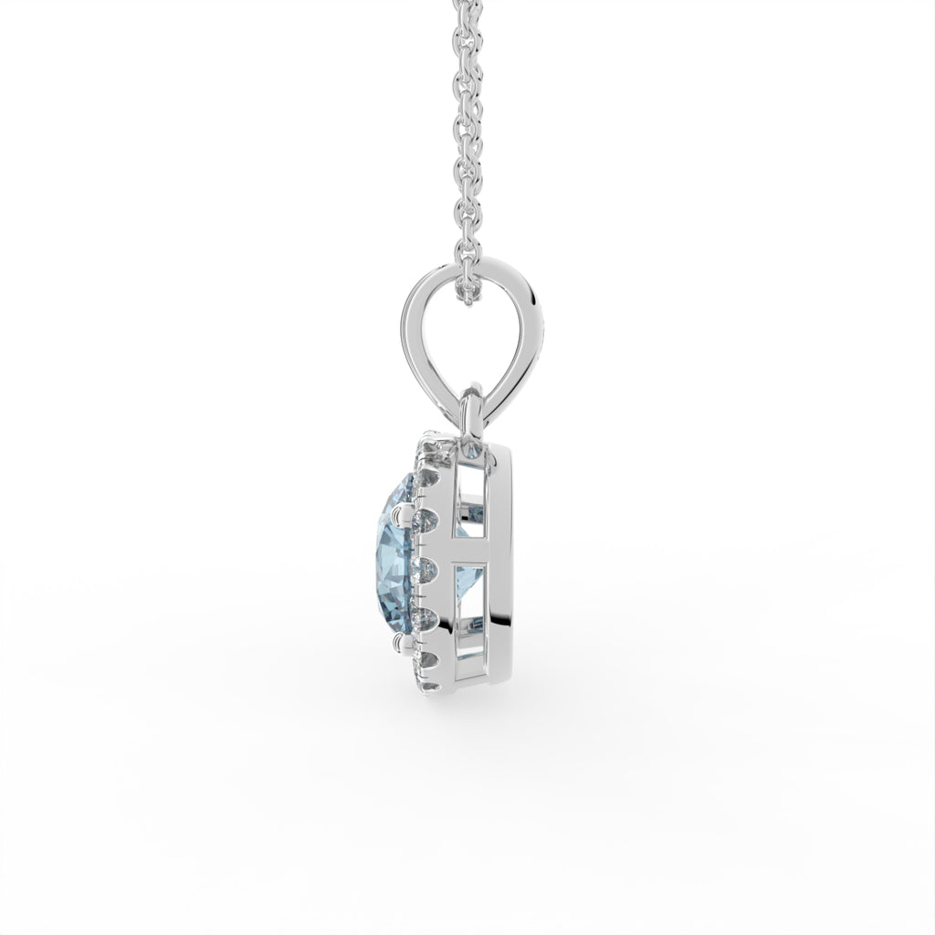 18K White Gold Halo Round Blue Diamond Pendant — RIGHT