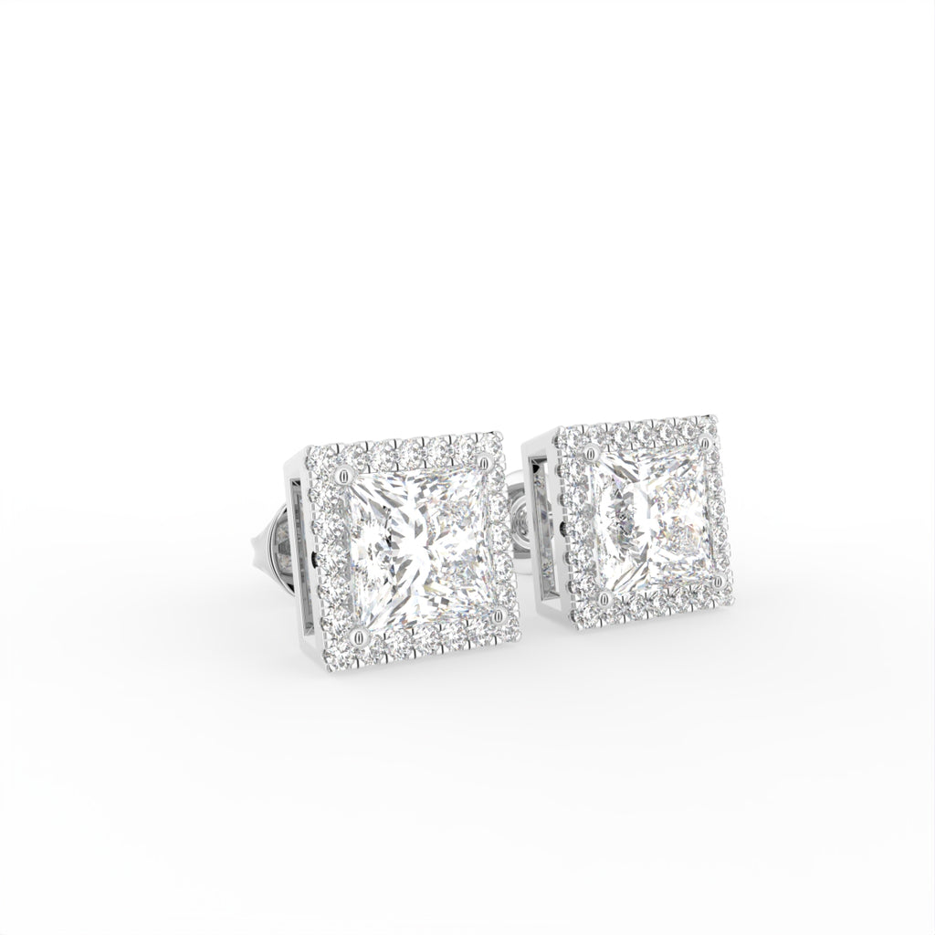 18K Princess Halo Diamond Earrings — 3D VIEW