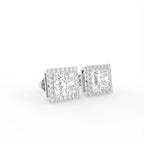 18K Princess Halo Diamond Earrings — 3D VIEW