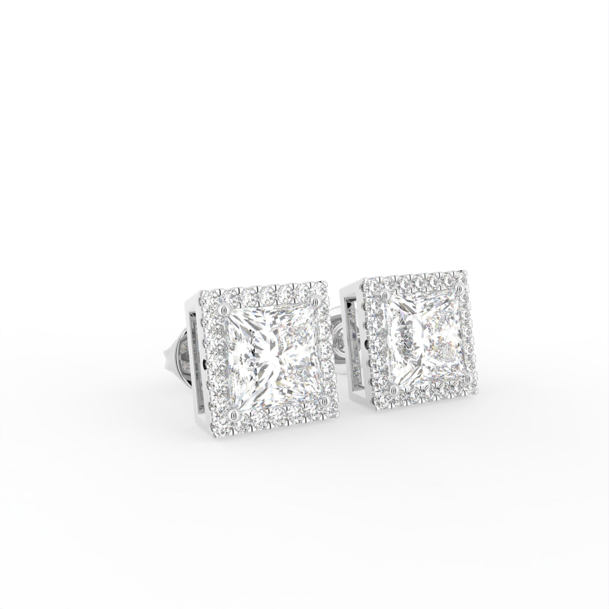 18K Princess Halo Diamond Earrings — 3D VIEW