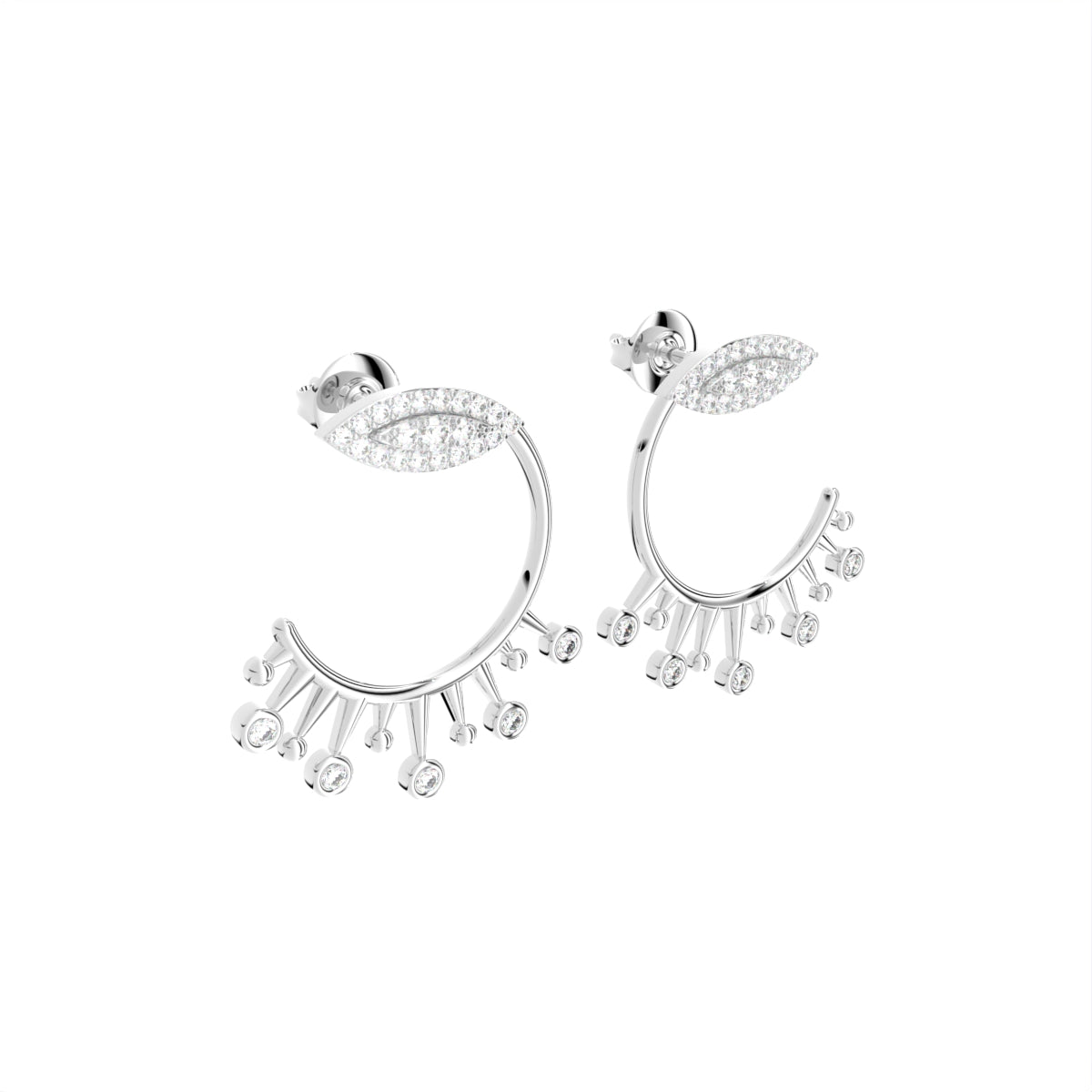 18K Crescent Diamond Ear Jacket Earrings — 3D VIEW