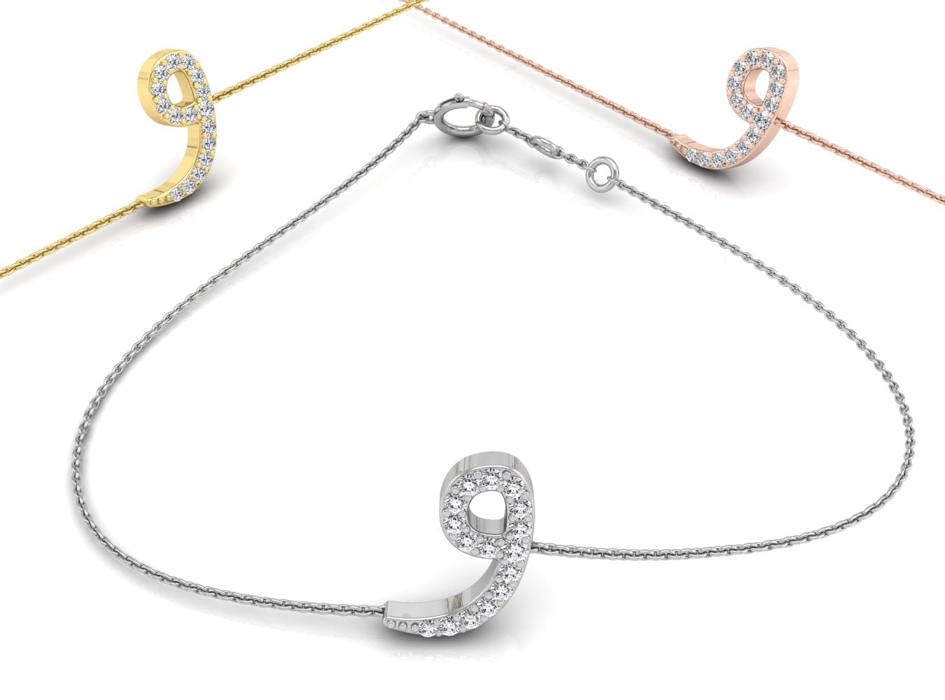 18K White Gold Arabic Alphabet Round Diamond Bracelet — 3 COLOR