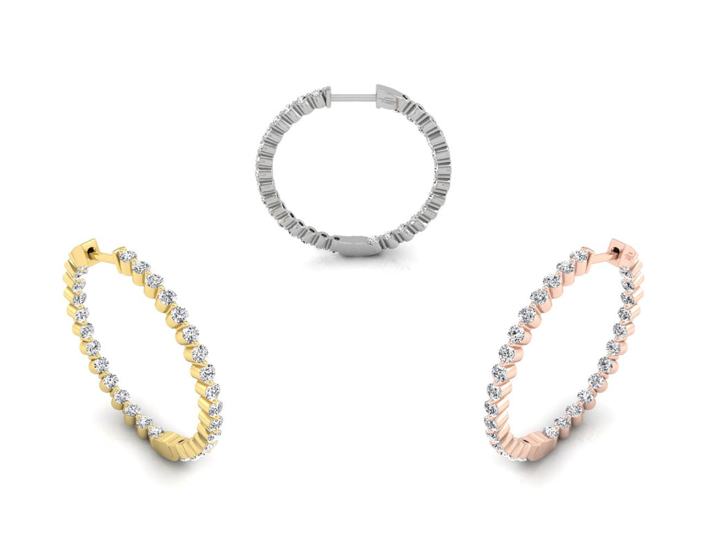 14K Yellow Gold Round Diamond Hoop Earrings — 3 COLOR