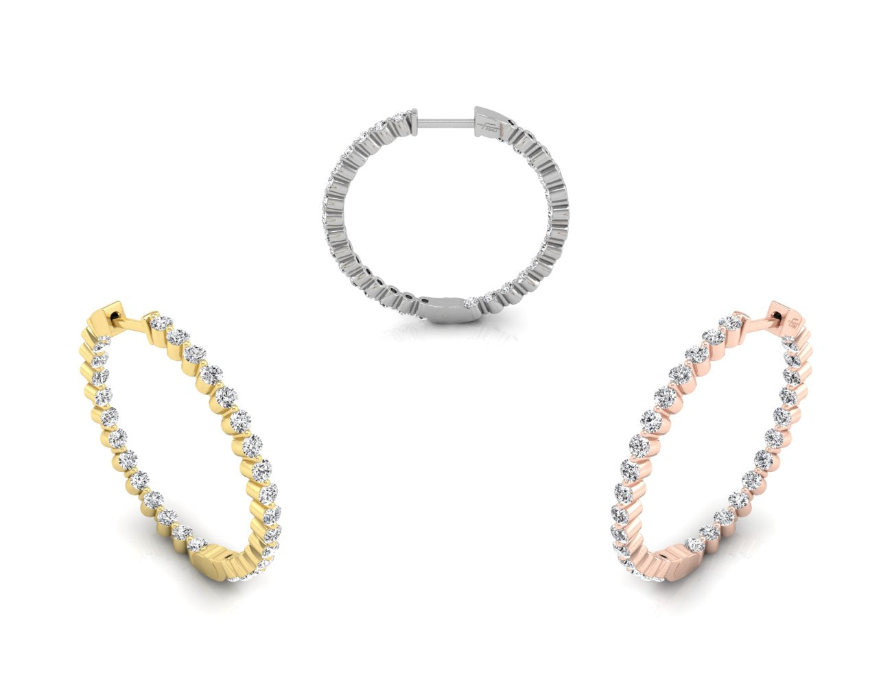 14K Yellow Gold Round Diamond Hoop Earrings — 3 COLOR
