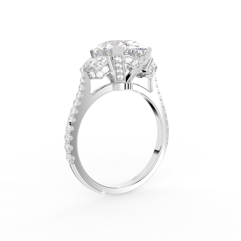 18K Trilogy Oval Half Moon Diamond Ring — 3D VIEW