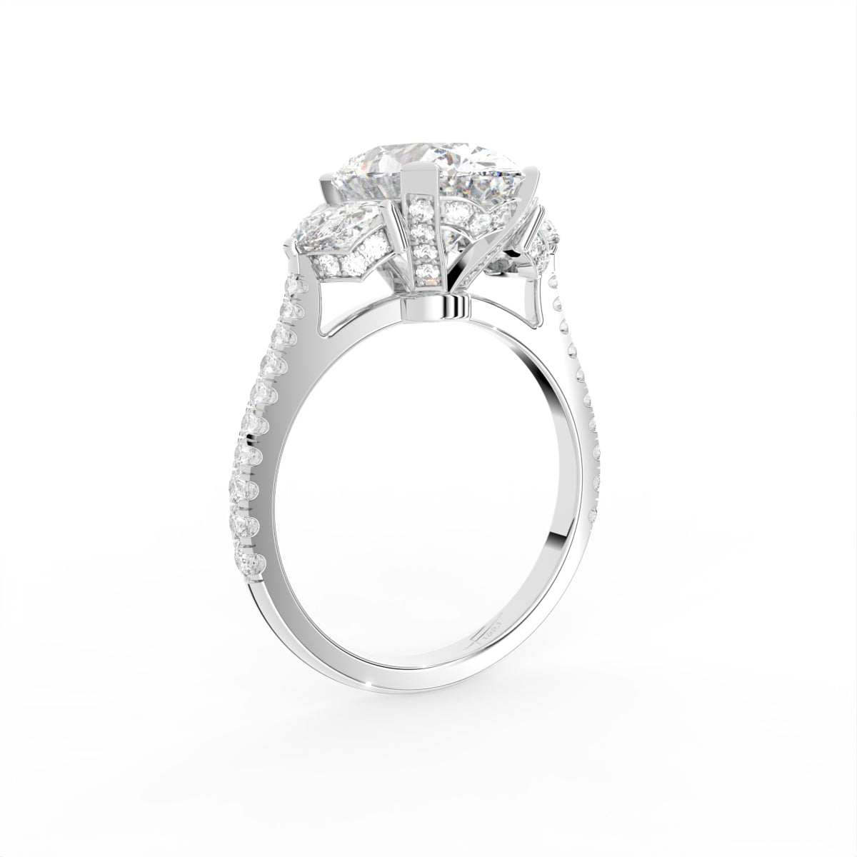 18K Trilogy Oval Half Moon Diamond Ring — 3D VIEW
